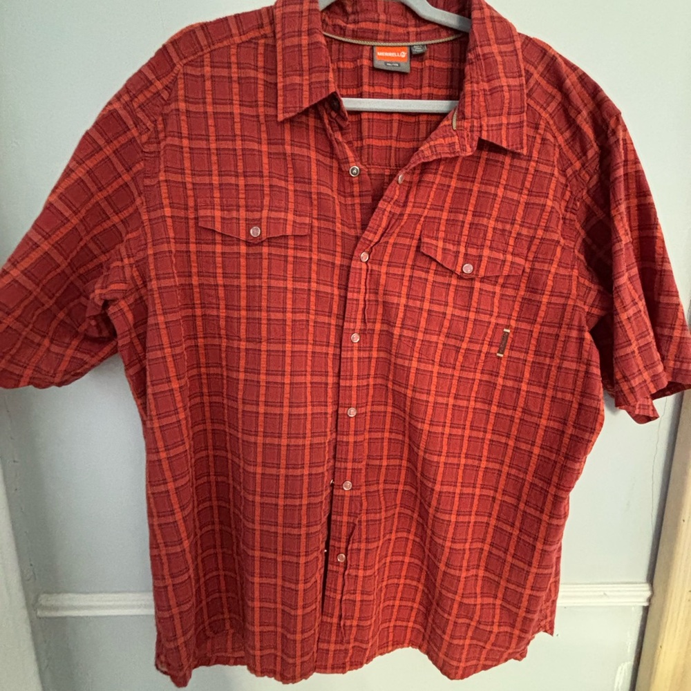 Merrell Men's Red Orange Checkered snap front Shirt